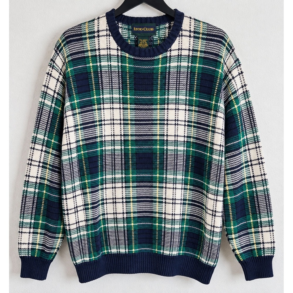 Vintage IZOD Club Plaid Cotton Sweater Men's S/M Green Navy White